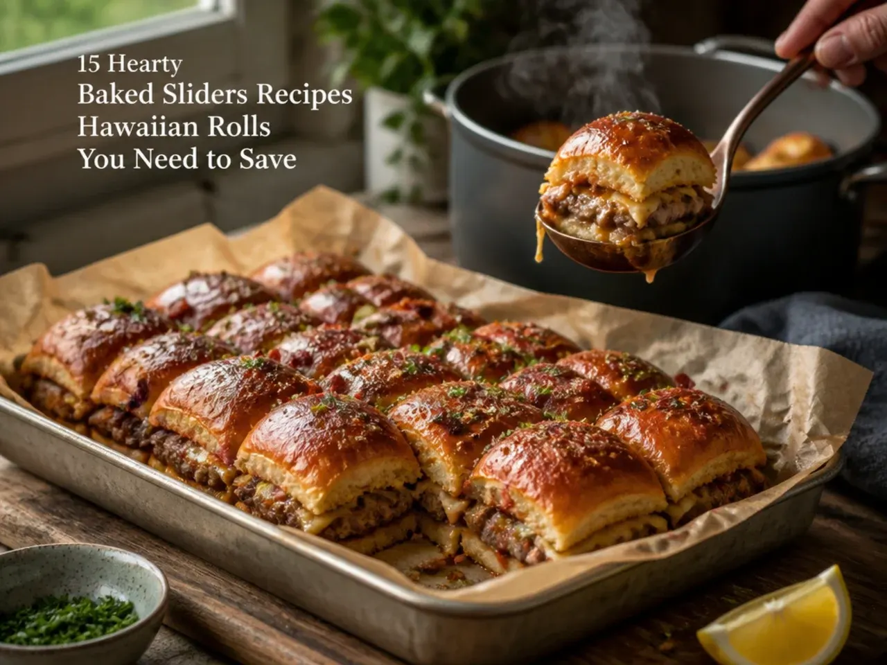 Loaded bacon cheeseburger sliders on Hawaiian rolls topped with pickled onions