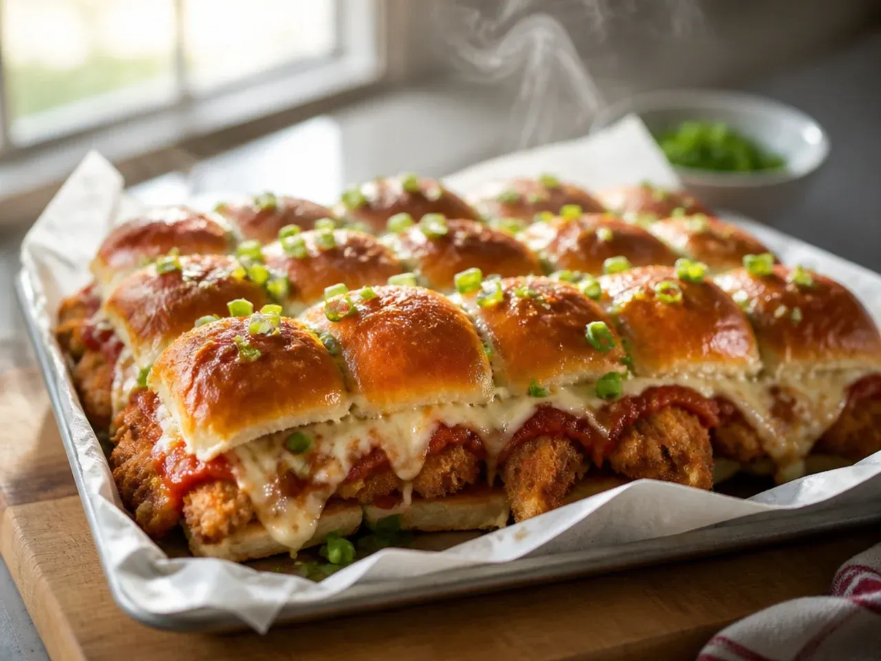 Family-size chicken parmesan Hawaiian roll sliders topped with melted mozzarella and basil