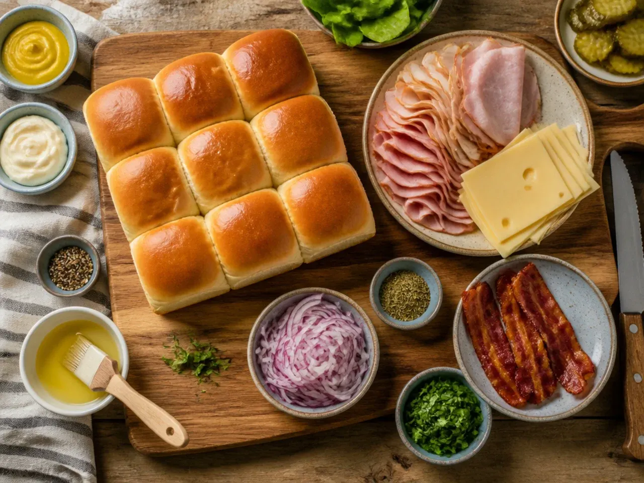 Hand brushing butter glaze over a tray of unbaked Hawaiian roll sliders