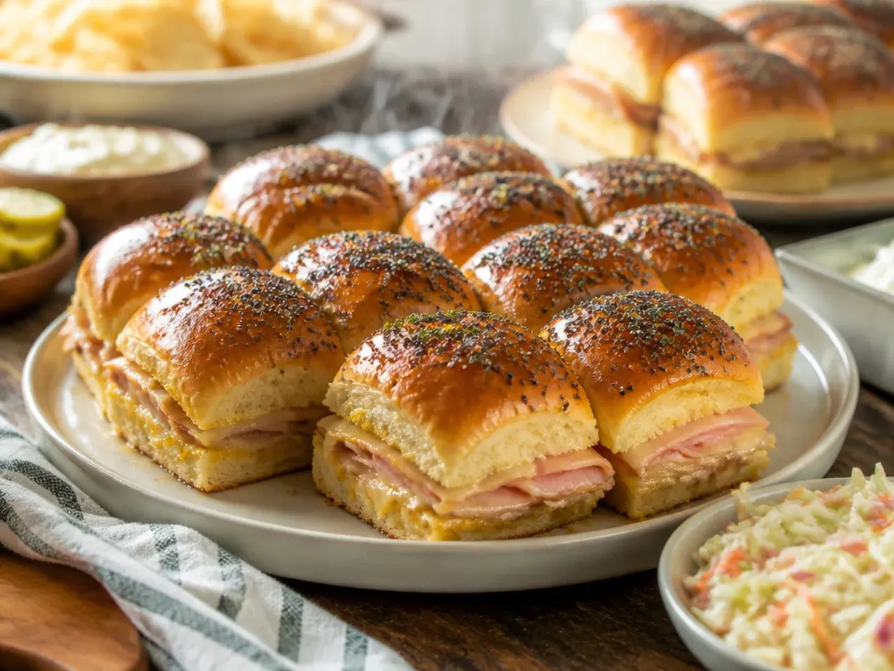 Baked Hawaiian roll sliders served on a party platter with pickles and kettle chips