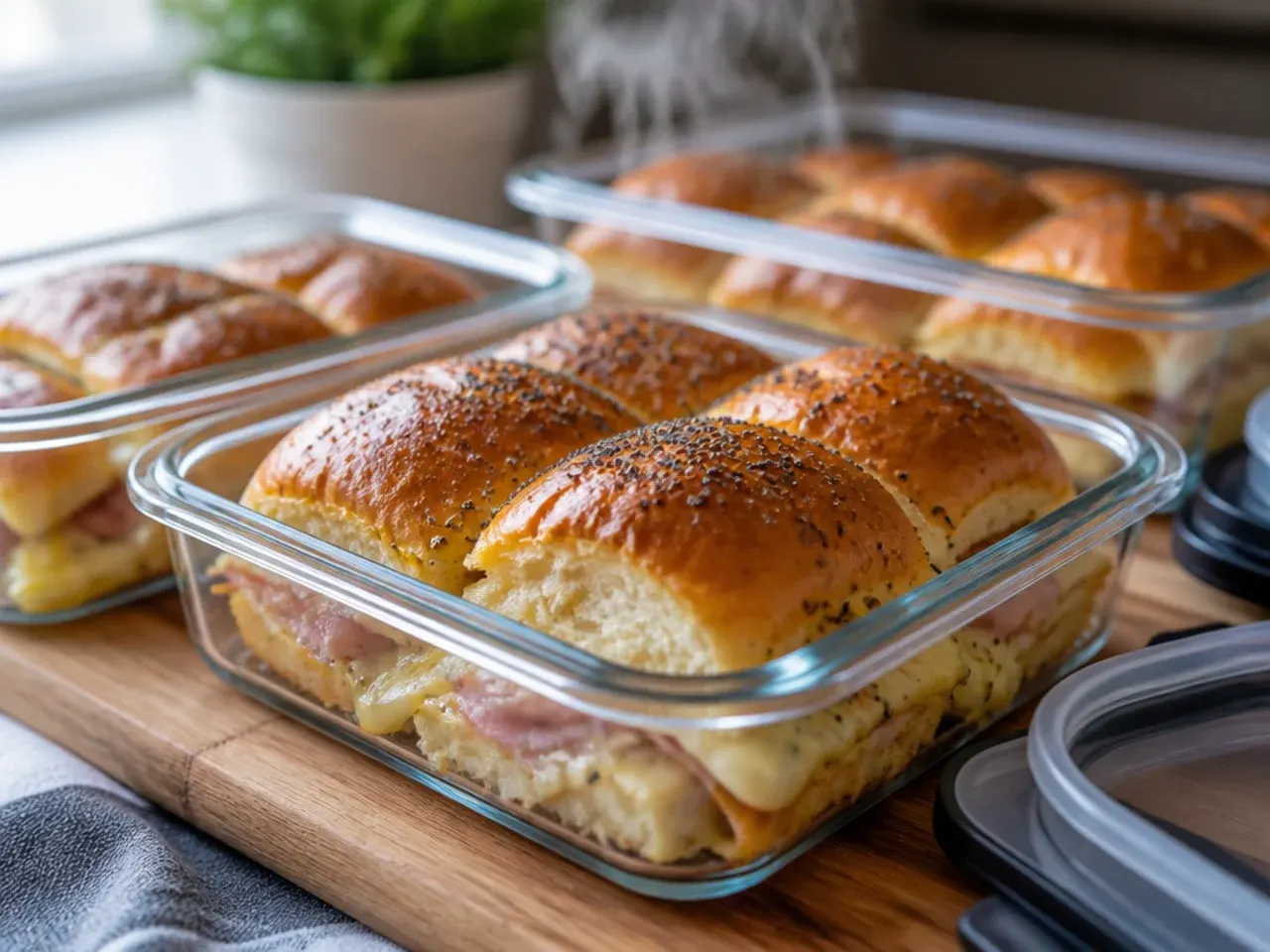 Leftover Hawaiian roll sliders stored in an airtight container in the fridge