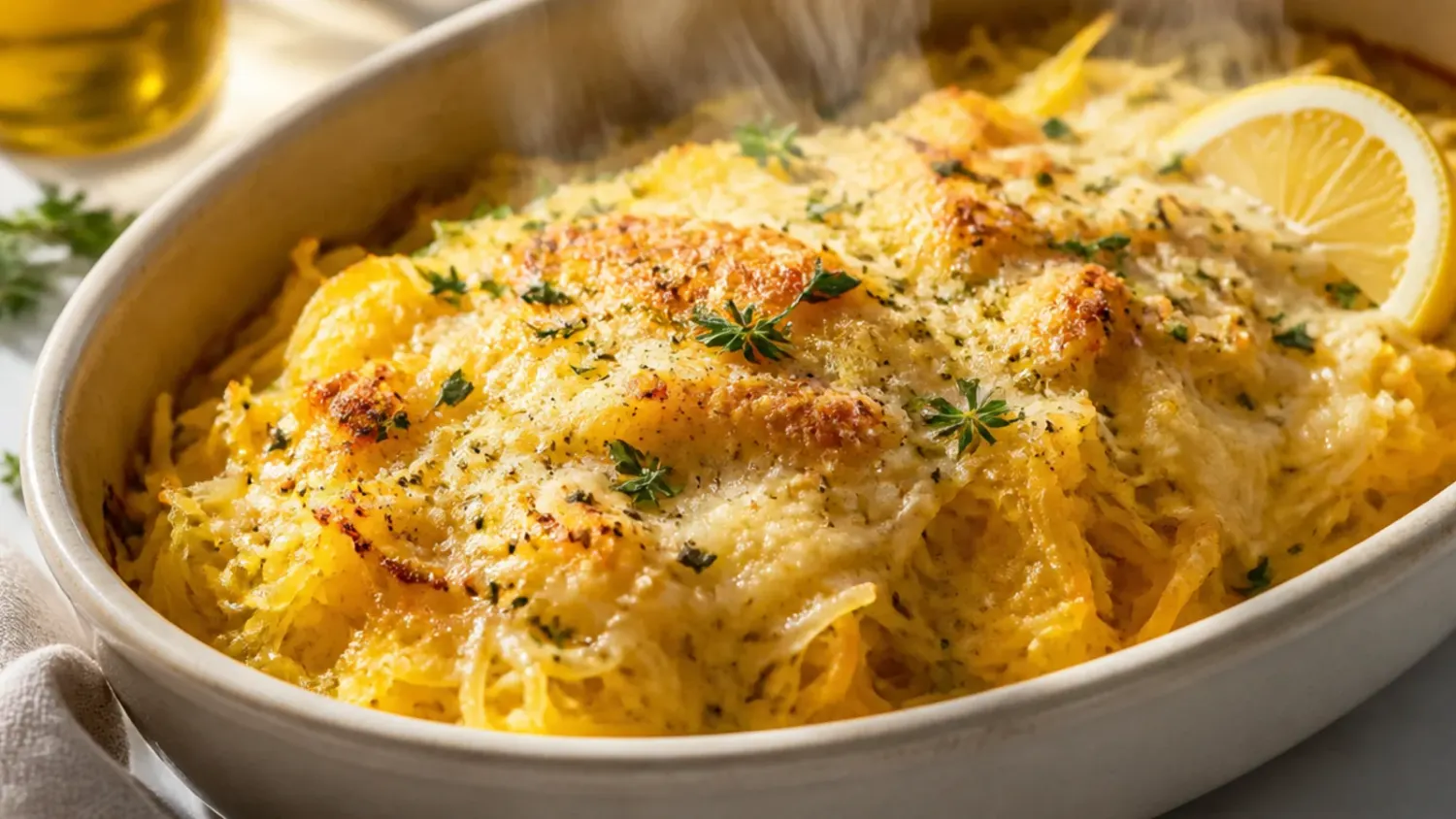 Roasted spaghetti squash halves fluffed into golden strands and tossed with garlic butter and grated parmesan