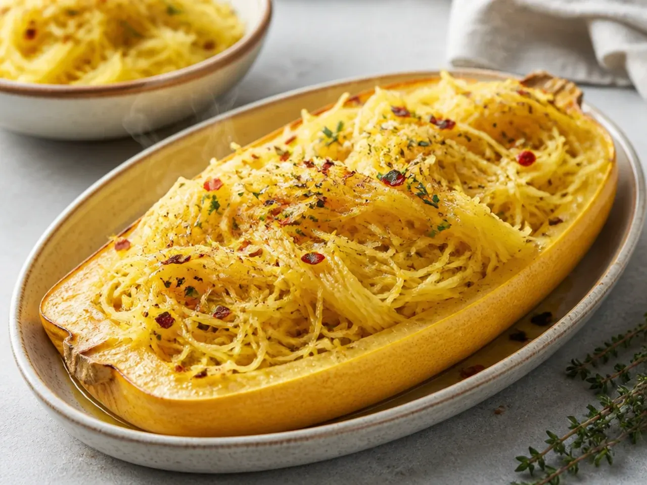 Spaghetti squash halves flipped cut-side up on a baking tray with caramelised golden edges