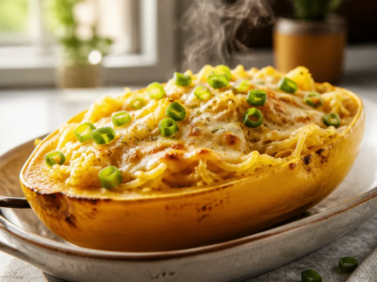 A fork raking lengthwise through roasted spaghetti squash flesh to create long strands