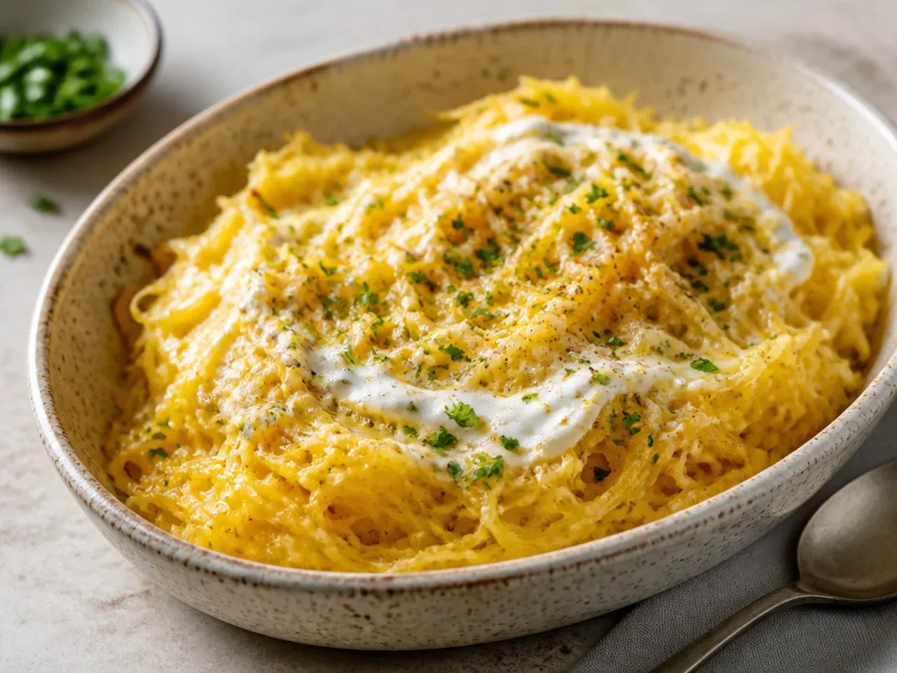 Parchment-lined baking sheet holding roasted spaghetti squash halves