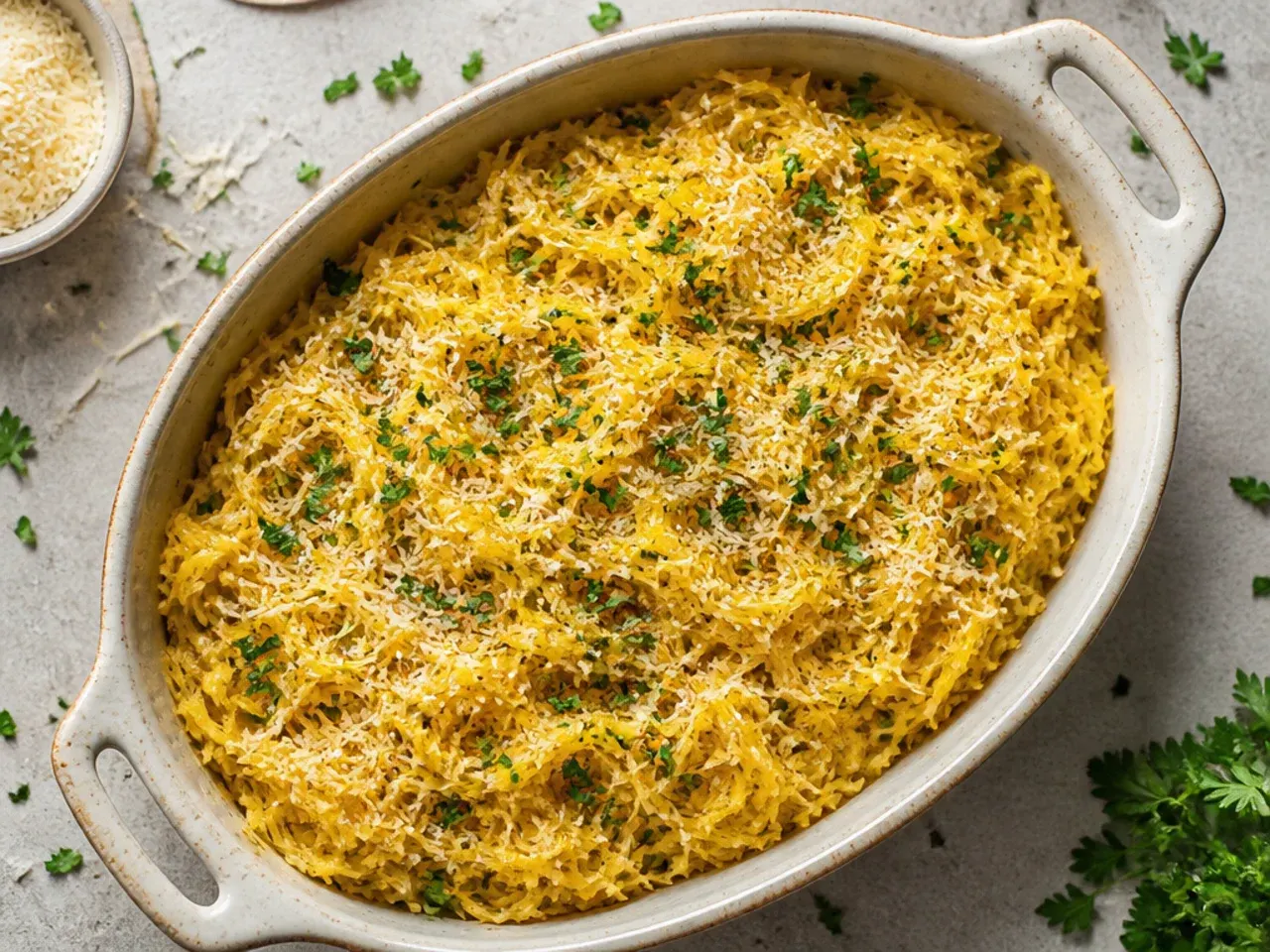 Block of parmesan being finely grated over a bowl of spaghetti squash strands