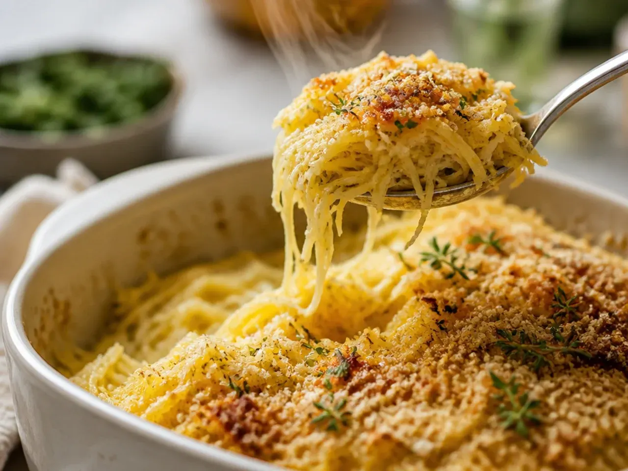 Leftover spaghetti squash strands being reheated in a skillet on the stovetop