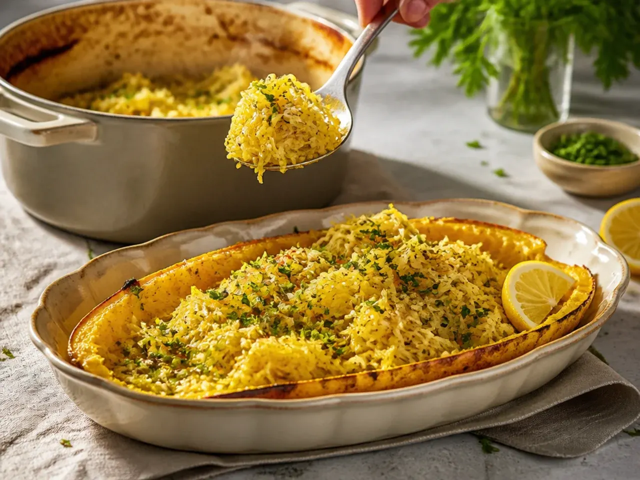 Cooked spaghetti squash strands draining in a colander before freezing