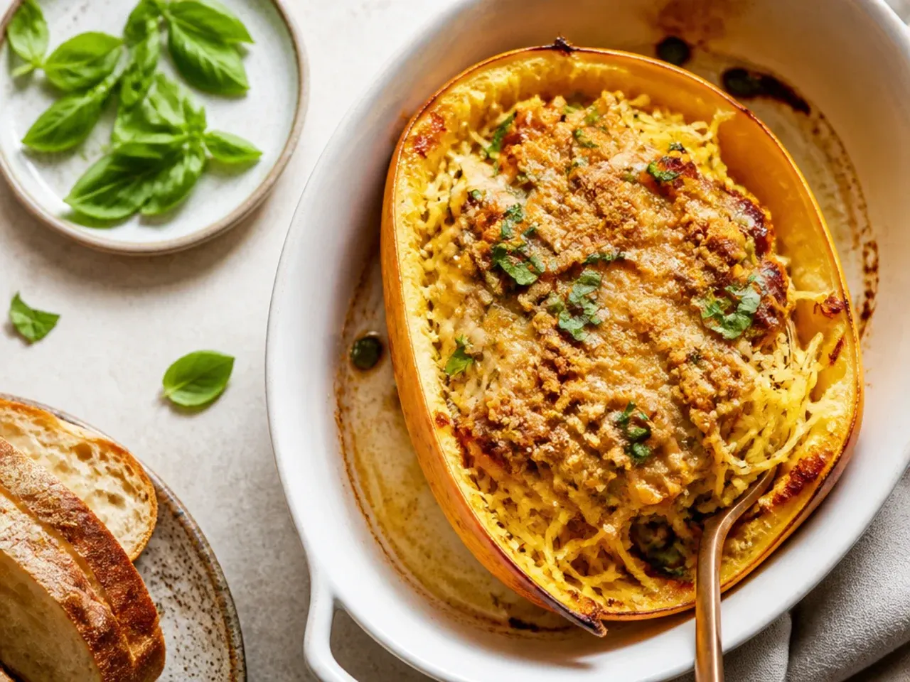 A small splash of reserved tray liquid being stirred into garlic parmesan spaghetti squash strands