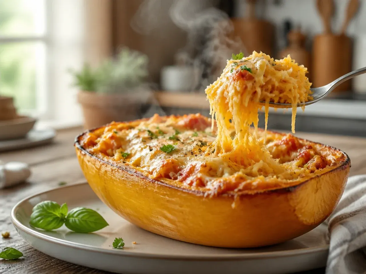 Finished bowl of garlic parmesan baked spaghetti squash strands ready to serve