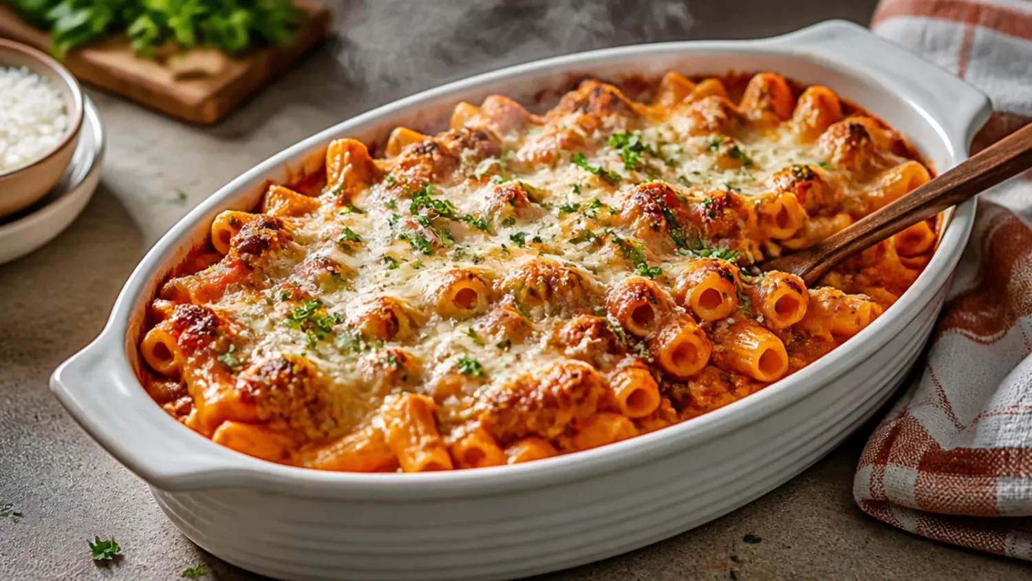 Overhead shot of cheesy baked ziti crockpot dinner in a slow cooker insert, topped with melted mozzarella and fresh basil