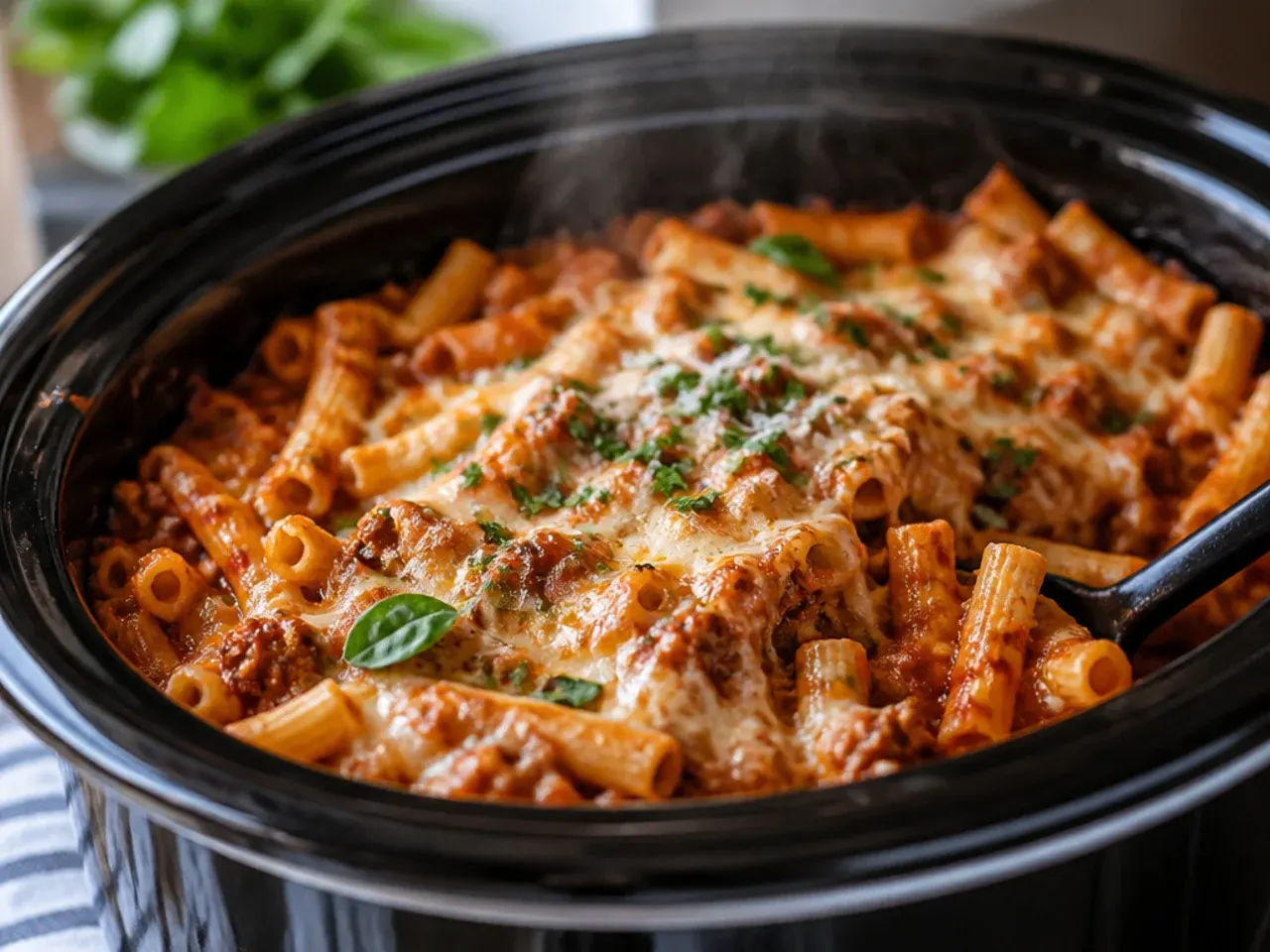 Ingredients for baked ziti crockpot laid out on a counter, including sausage, ricotta, marinara and dry ziti pasta