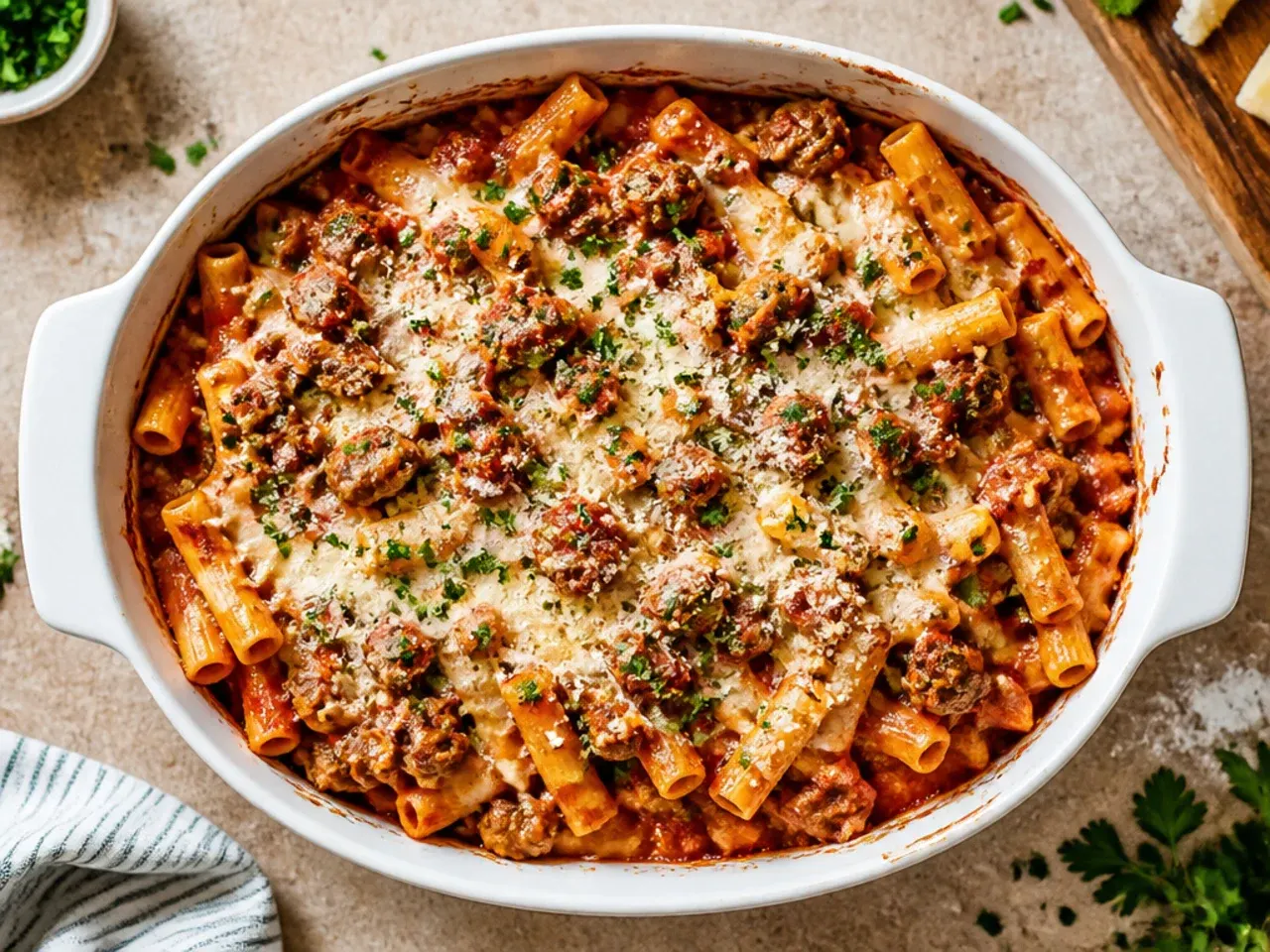 Classic baked ziti crockpot with sausage and marinara sauce, cheese bubbling on top