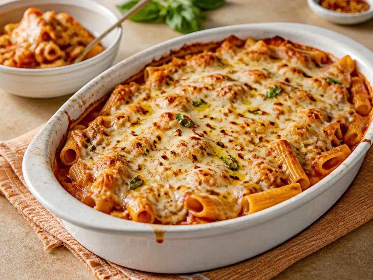 Four simple ingredients being dumped into a slow cooker for easy crockpot ziti