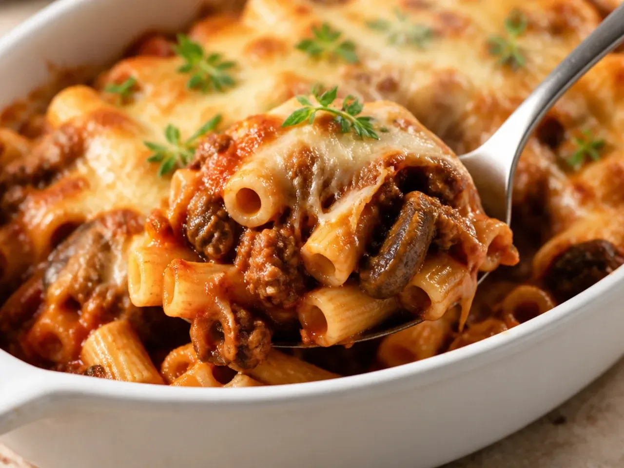 Hearty beef and mushroom baked ziti crockpot with a thick, chunky tomato sauce