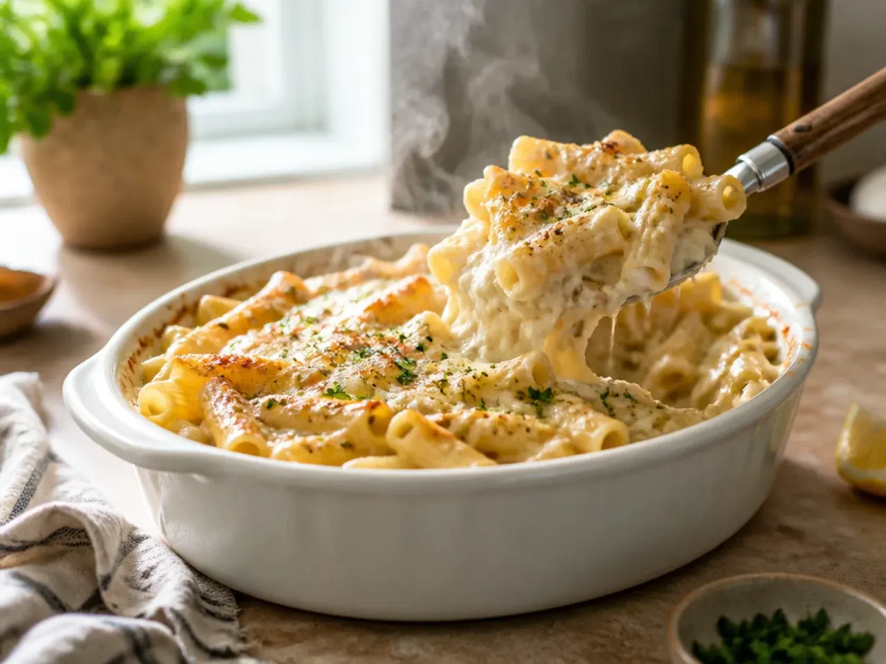 Creamy chicken Alfredo crockpot ziti with peas and melted cheese