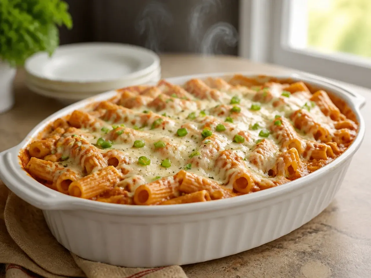 Extra creamy three-cheese baked ziti crockpot with a rich, melted cheese pull