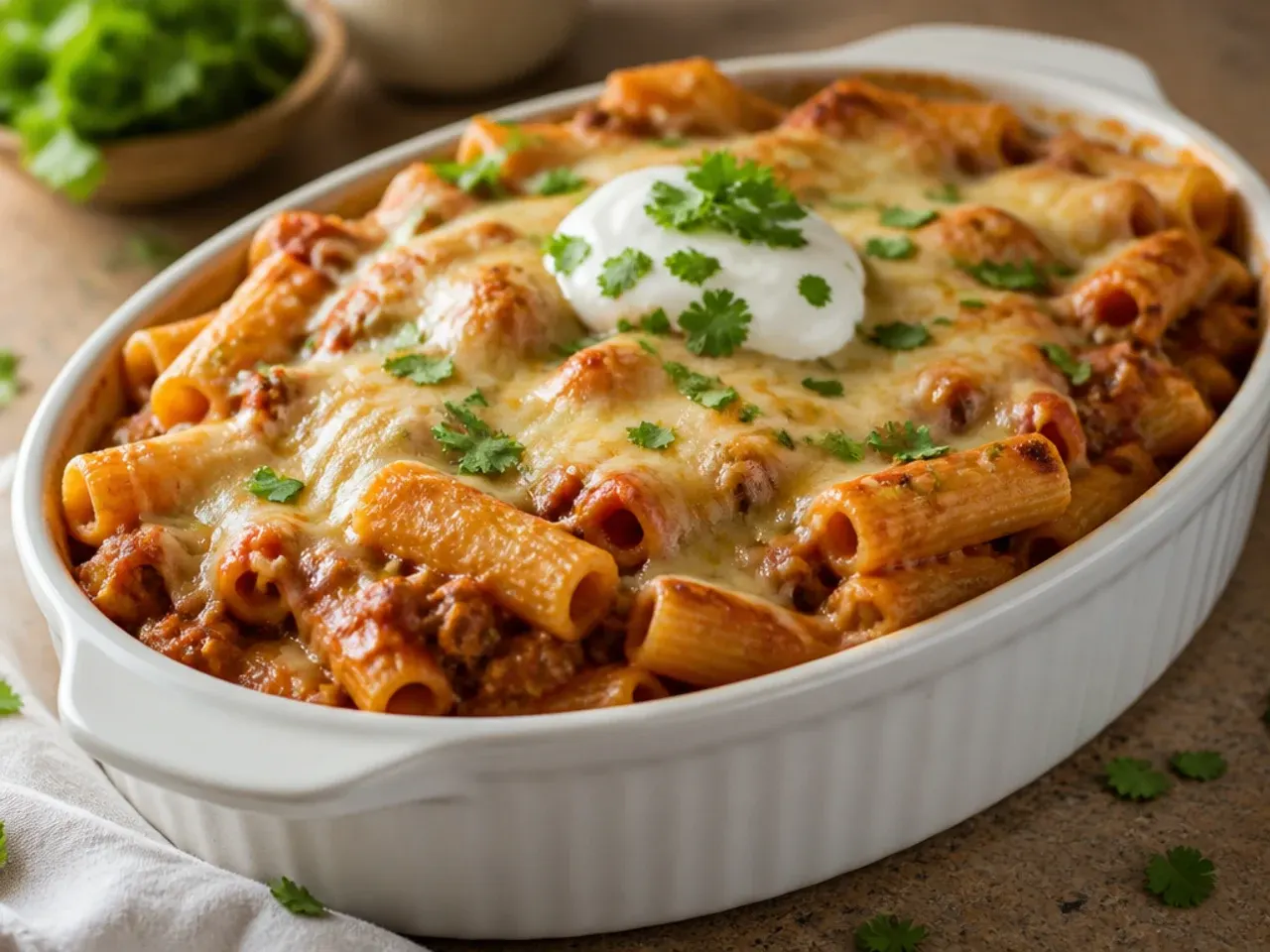Cheesy four-cheese baked ziti crockpot with a thick, golden melted cheese top