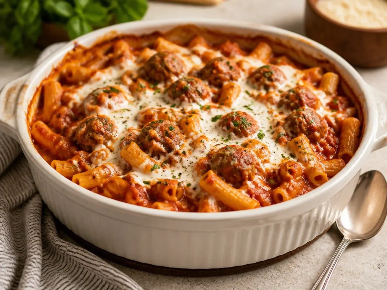 Comforting meatball crockpot ziti with whole meatballs nestled in cheesy pasta
