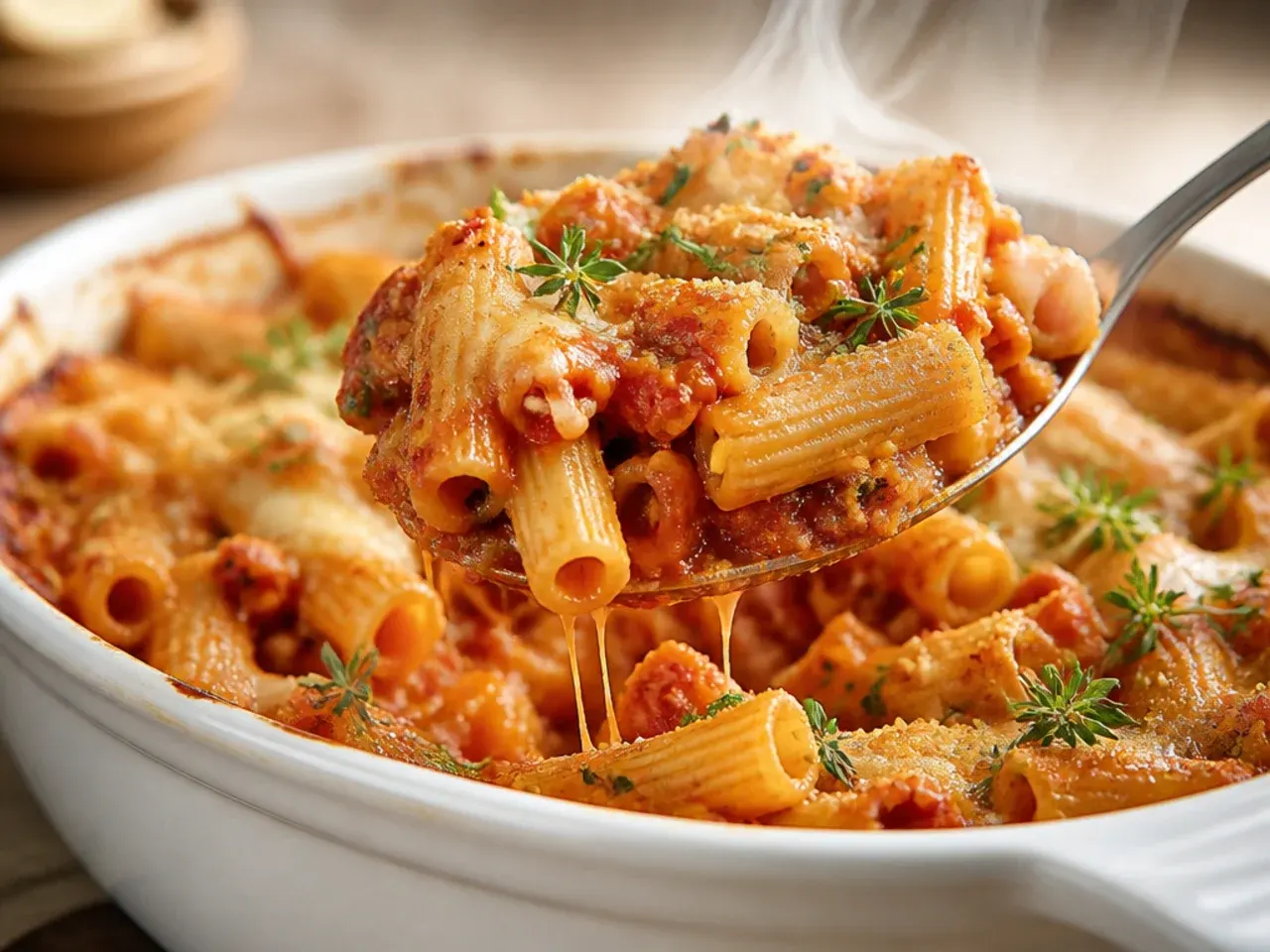 Rustic fire-roasted tomato baked ziti crockpot with chunky sauce and fresh basil
