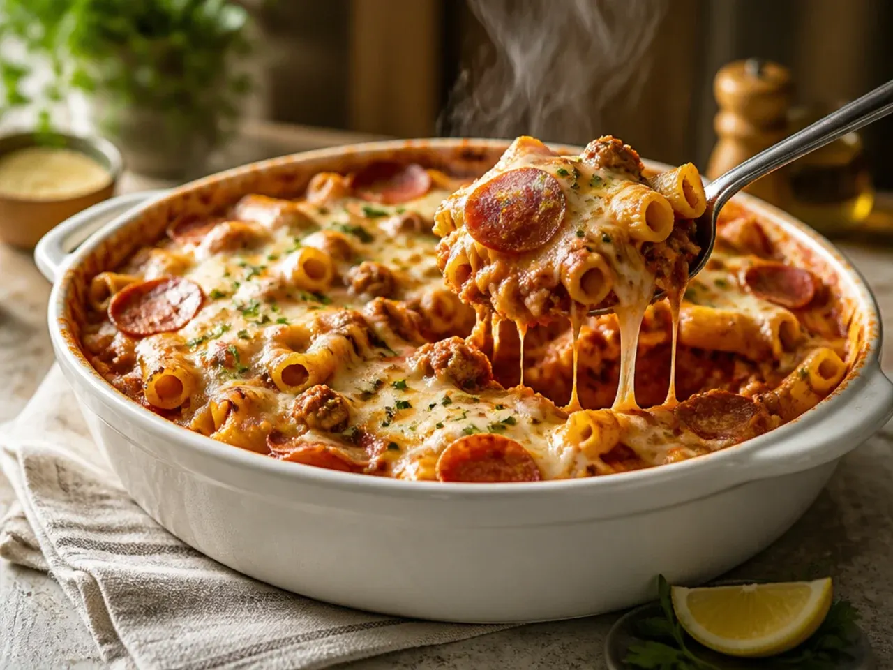 Loaded pepperoni and sausage crockpot ziti with crisped pepperoni on top