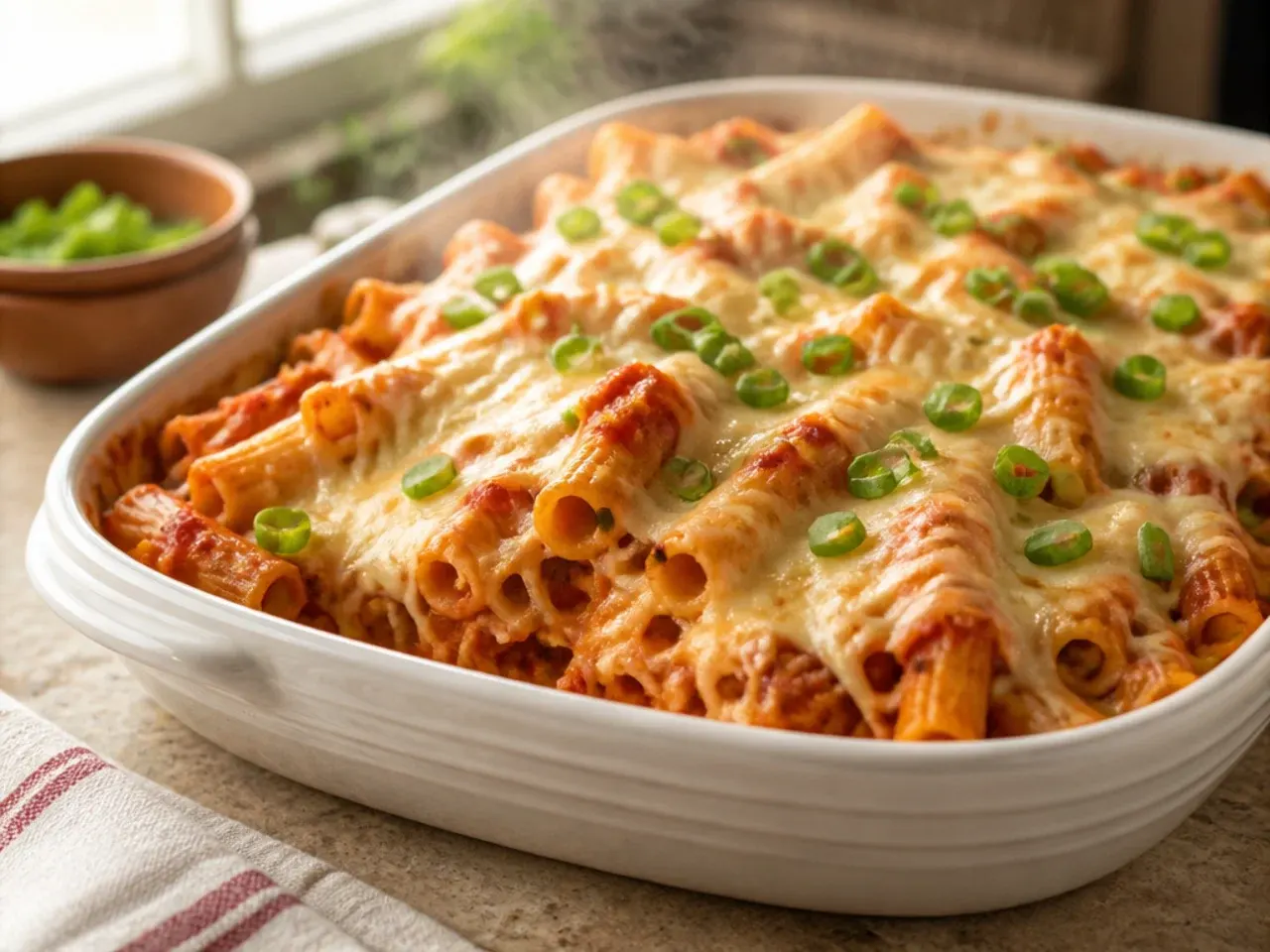 Large family-size double batch of crockpot baked ziti in an extra-large slow cooker
