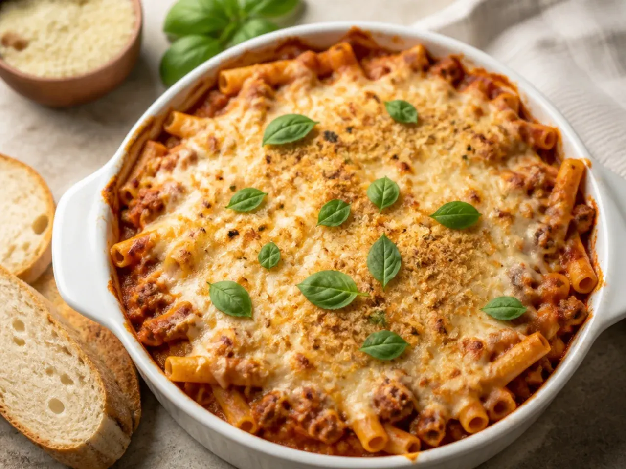 Best-ever crockpot ziti with a golden, double layer of melted cheese on top
