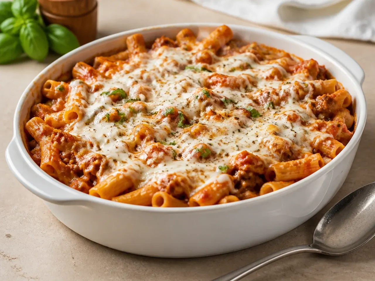 Lighter turkey sausage crockpot ziti made with reduced-fat cheese