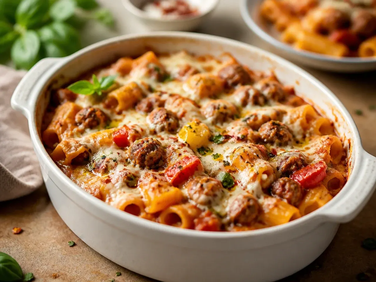 Italian sausage and peppers crockpot baked ziti with colourful pepper strips