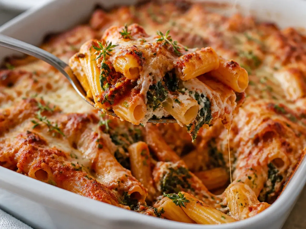 Spinach and ricotta crockpot ziti with flecks of green spinach through the cheese layer