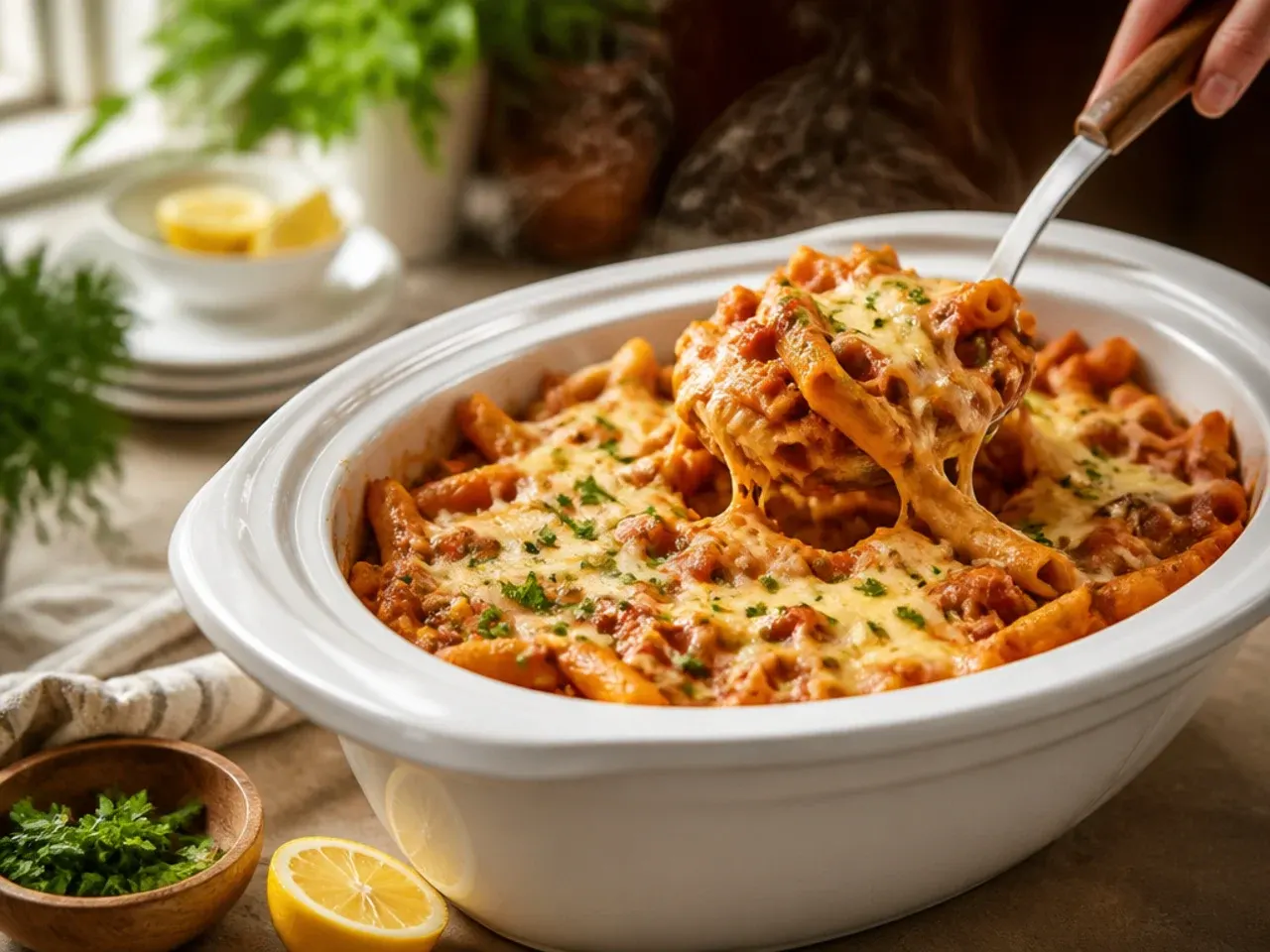 Spicy vodka sauce crockpot baked ziti with a pink, creamy tomato sauce