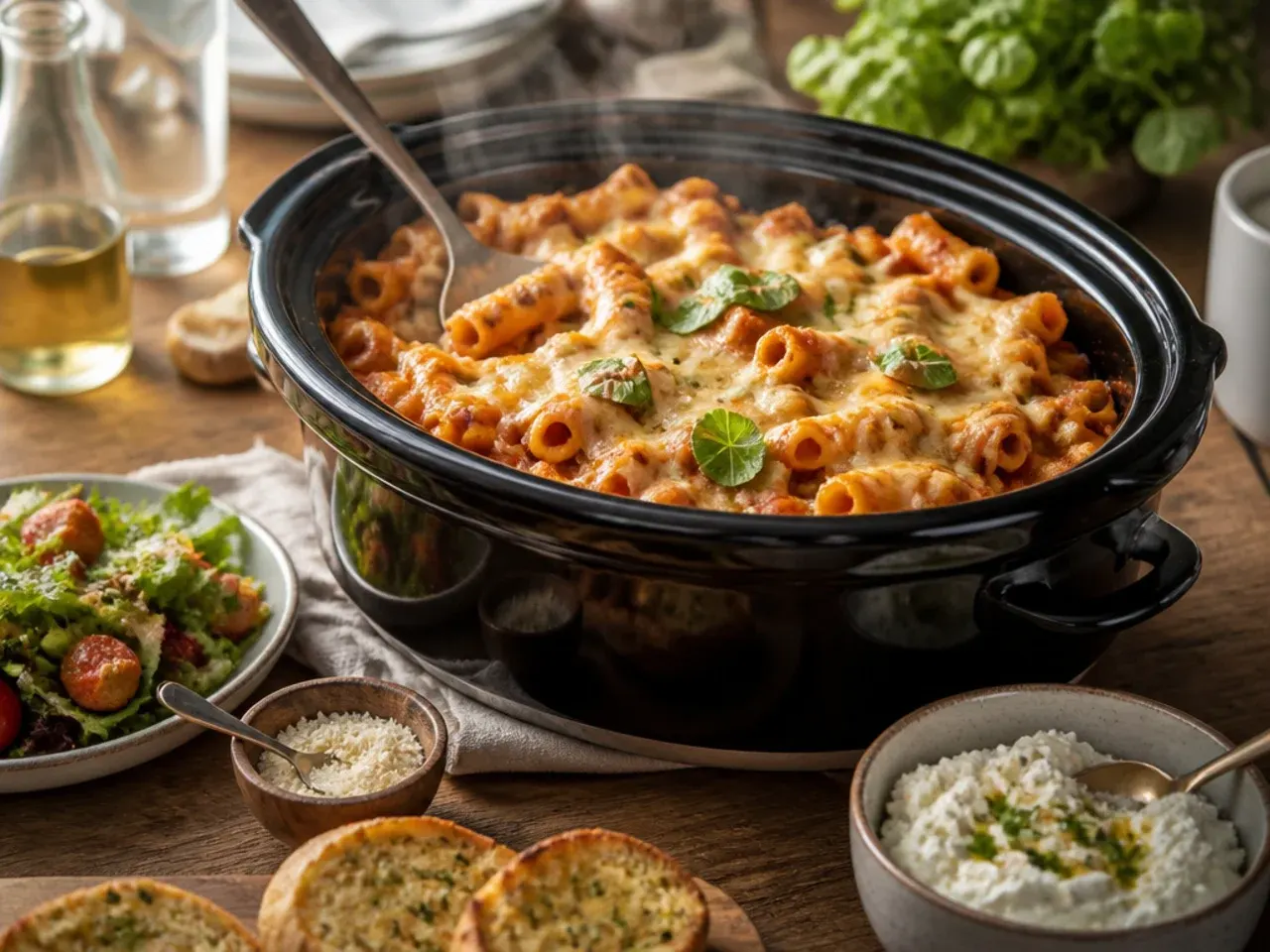 Baked ziti crockpot served with garlic bread and a fresh green salad on the side
