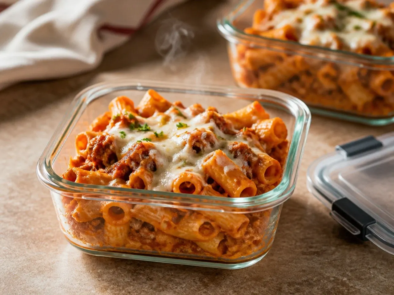 Baked ziti crockpot leftovers portioned into airtight containers for storage