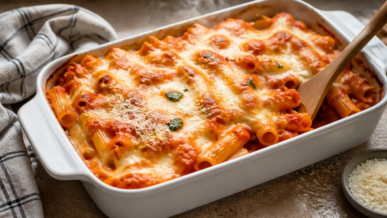 A golden, bubbling dish of baked ziti no meat with melted mozzarella, fresh basil and rich tomato sauce, fresh out of the oven
