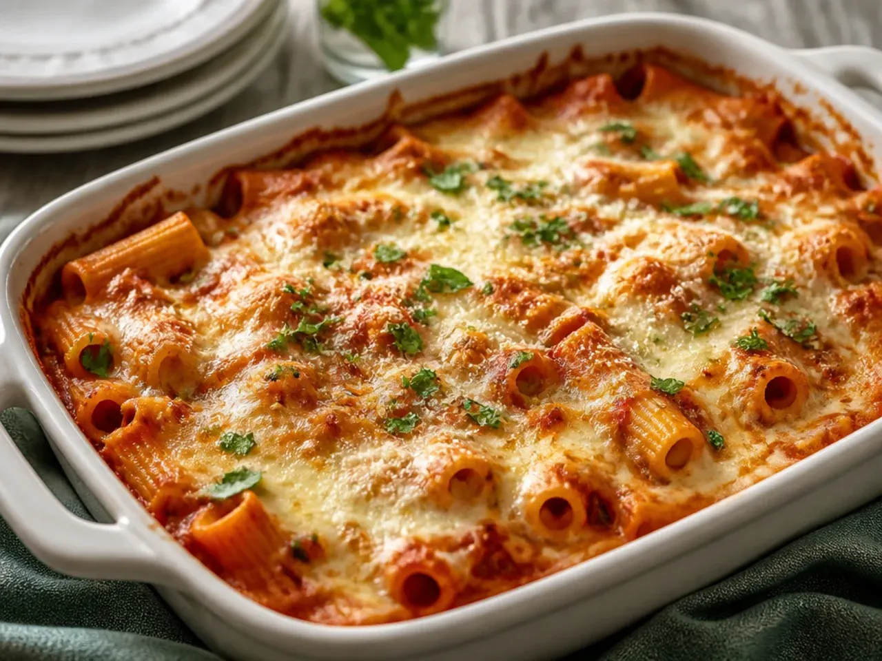 Overhead shot of a family dinner table with a full dish of meatless baked ziti, salad and garlic bread