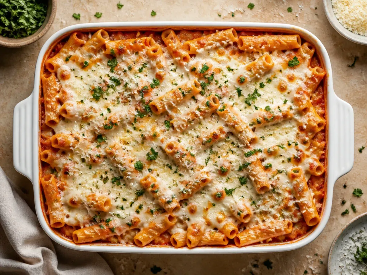 Close-up of classic three-cheese baked ziti in a white baking dish with a golden cheese crust