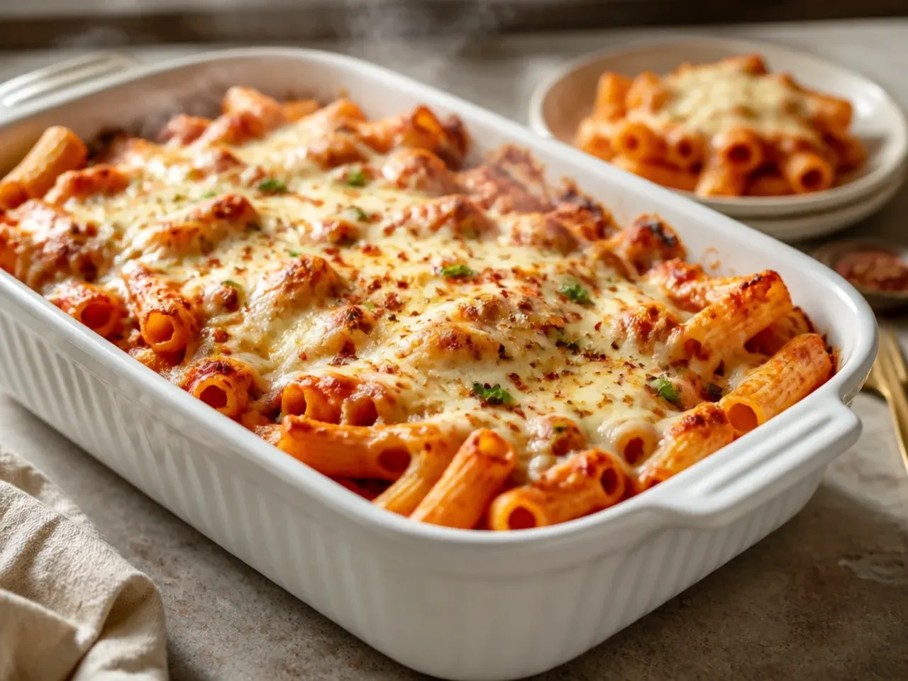 A simple five-ingredient baked ziti being scooped out of the dish with a wooden spoon