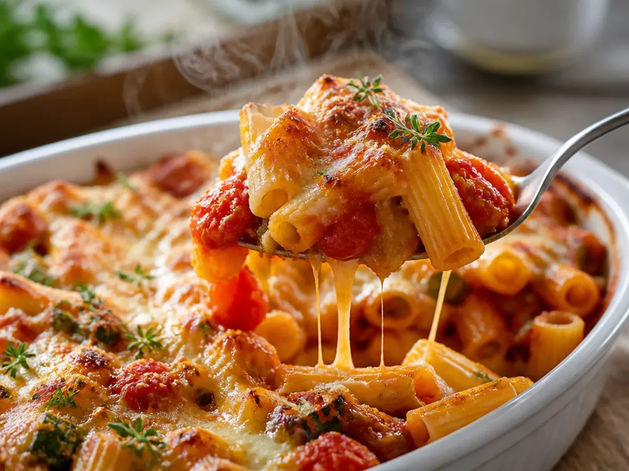 Hearty vegetable-loaded baked ziti with visible courgette, pepper and mushroom pieces