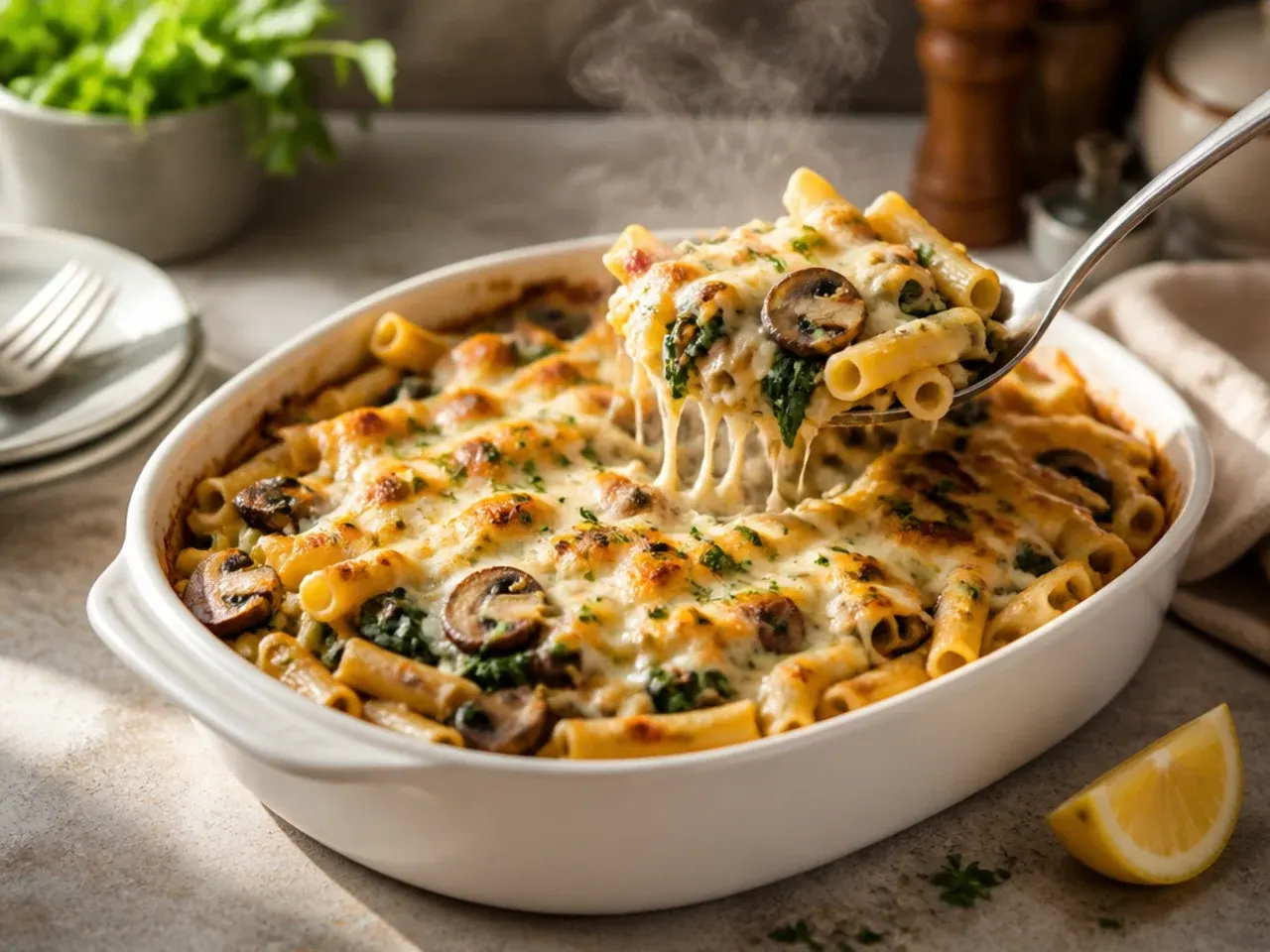 Spinach and mushroom baked ziti sliced to show the green and cream filling layers