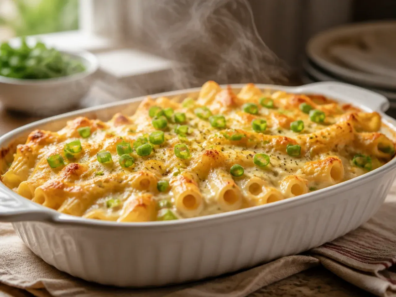 Creamy white sauce baked ziti in a skillet, pale and glossy with melted cheese on top