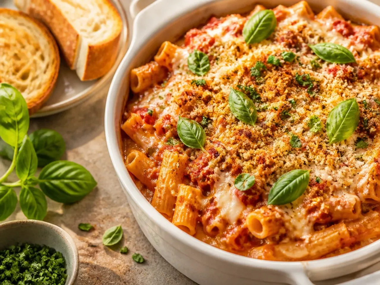 One-pot baked ziti cooked and served straight from a cast iron skillet