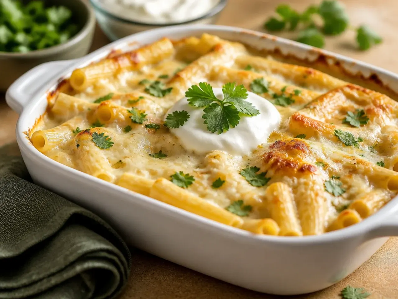 A cheese pull shot of four-cheese baked ziti being lifted from the dish