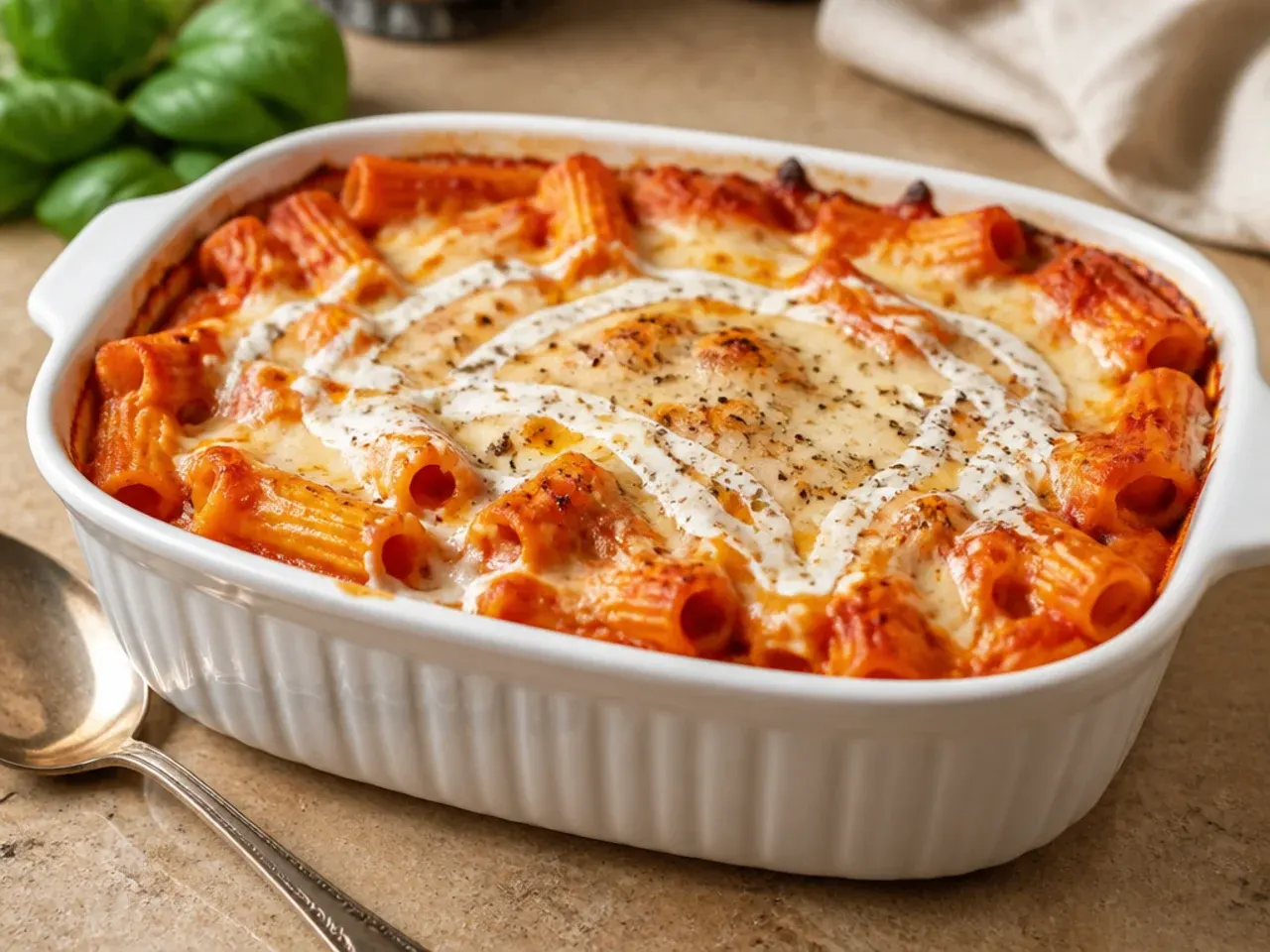 Roasted garlic baked ziti with a head of roasted garlic and garlic bread alongside