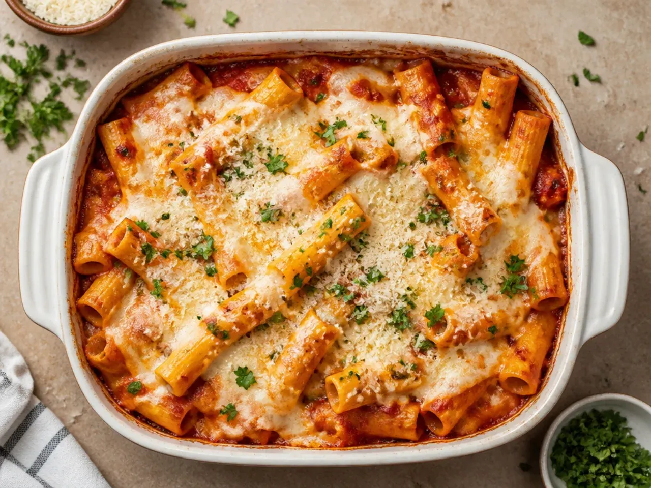 Budget pantry baked ziti with tinned tomatoes and beans visible on the counter beside it