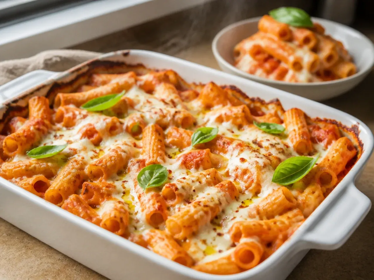 A quick weeknight baked ziti served straight from a skillet with a timer visible nearby