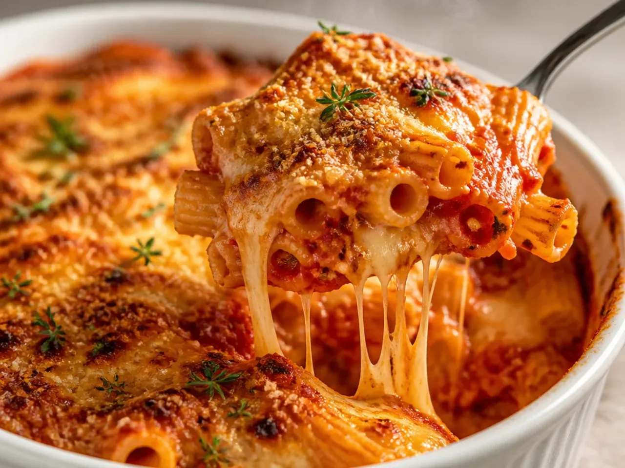 Rustic fire-roasted tomato baked ziti with a chunky, textured red sauce visible at the edges