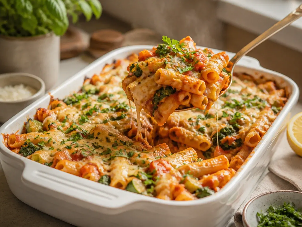 Loaded veggie baked ziti topped with roasted aubergine, pepper and red onion