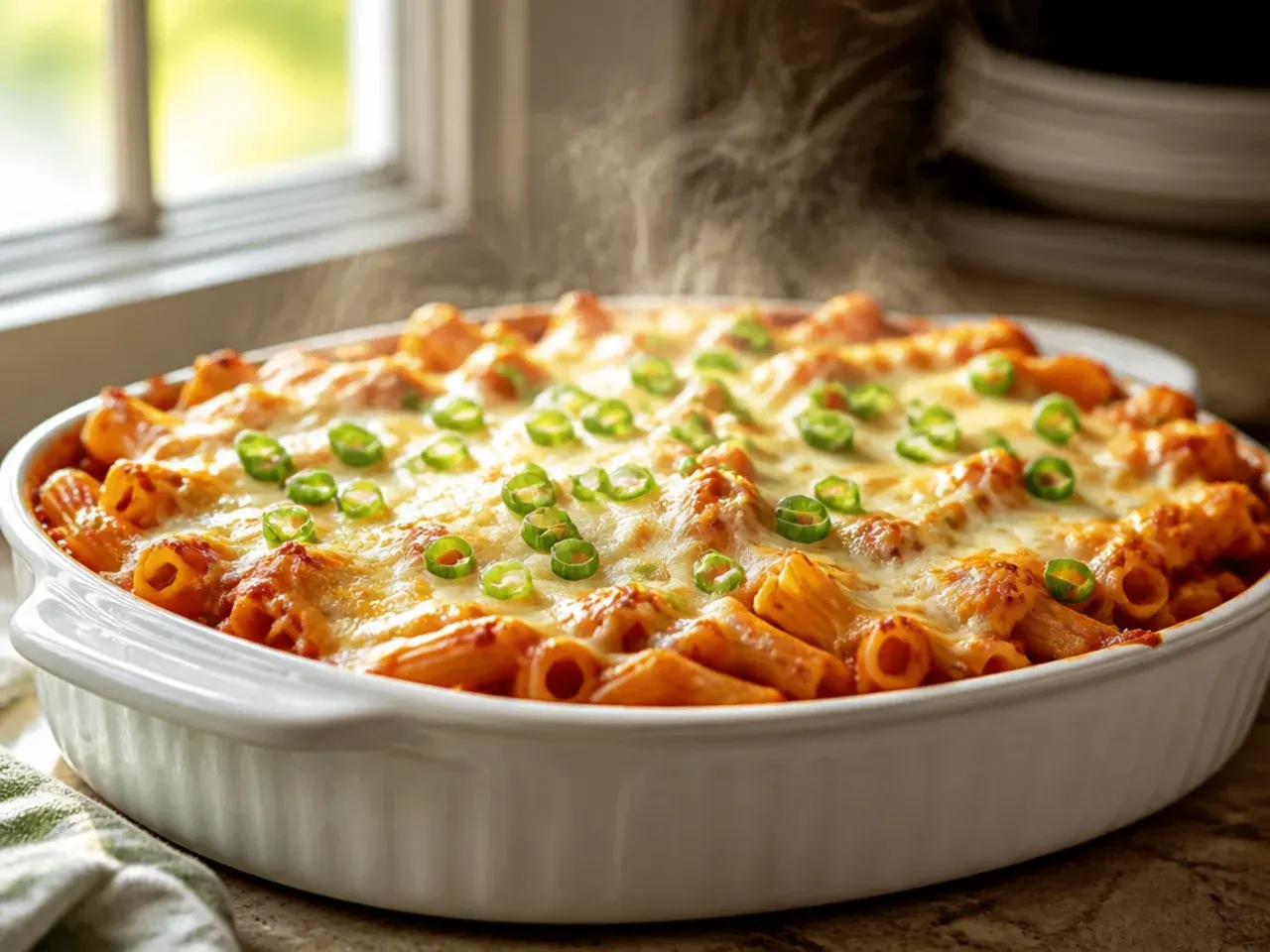 A large family-size baked ziti in a double batch, cut into generous squares