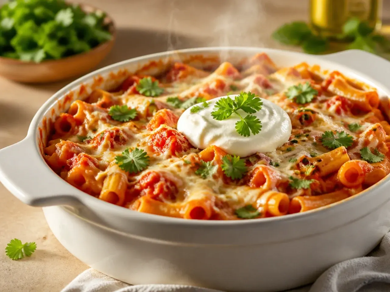 One-pot baked ziti finished under the broiler in a cast iron Dutch oven