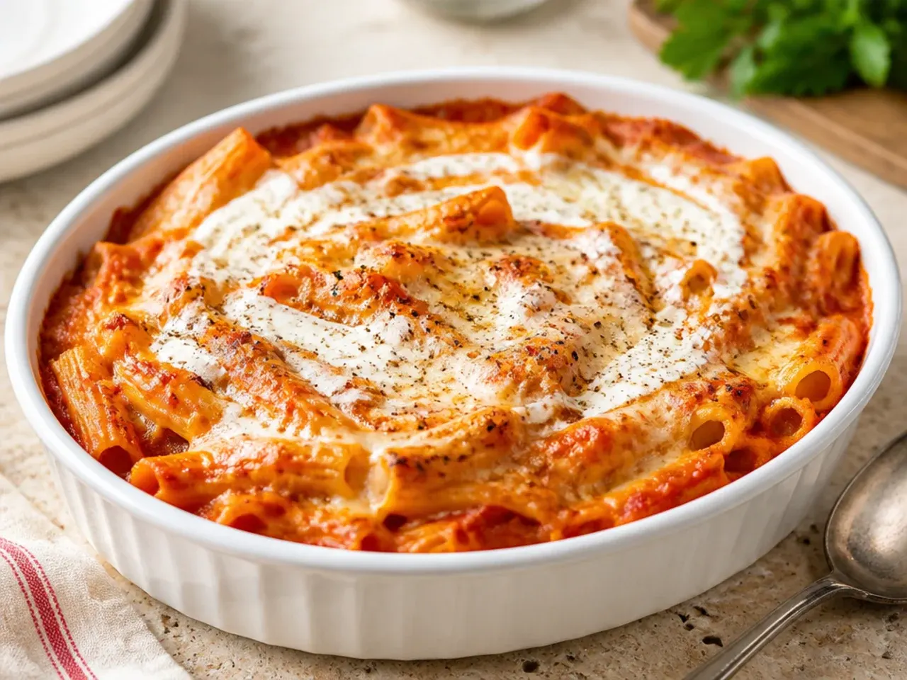 Slow-cooker baked ziti being stirred with melted cheese on top of the crock